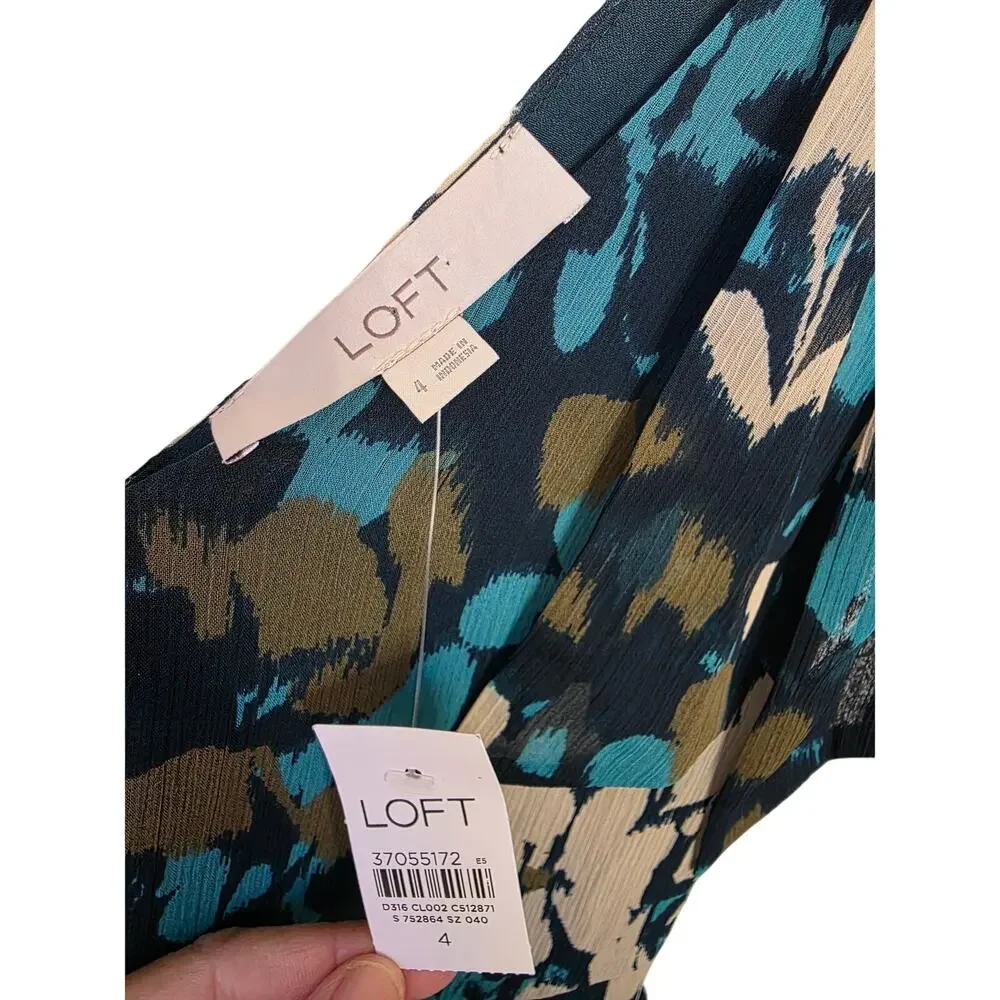 NWT LOFT Beige/Teal Floral Ruffle with Shoulder-Ties Dress - Picture 7 of 9